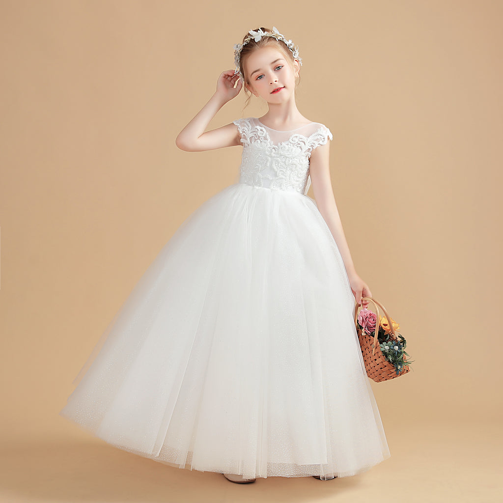 Cap Sleeves Ivory Tulle Flower Girl Dresses With Bow-Knot – Ombreprom