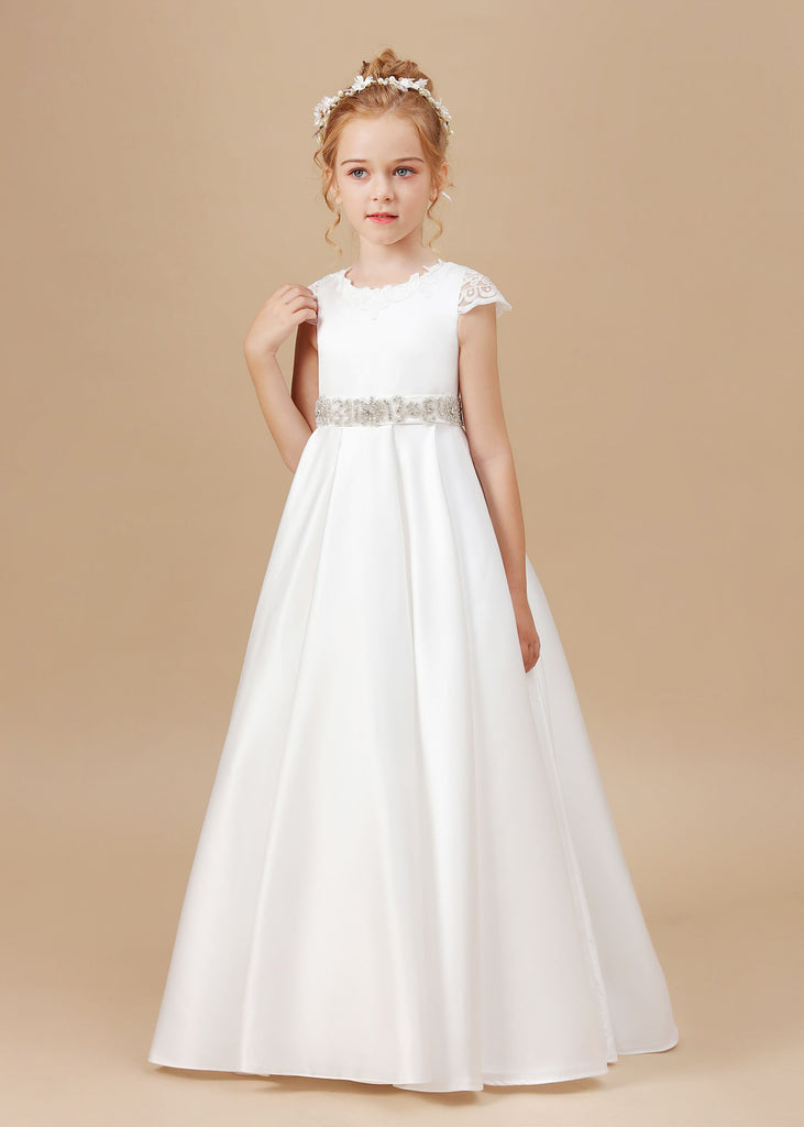 A-line Floor Length Bowknot Ivory Satin Flower Girl Dresses With Rhine ...