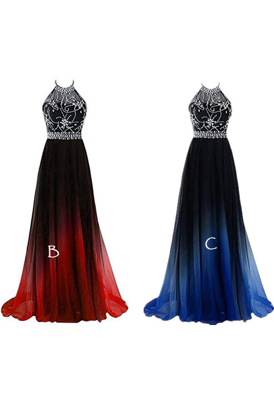 Ombre Chiffon A Line Sweep Train One Shoulder Beading Prom Dress – Okdresses