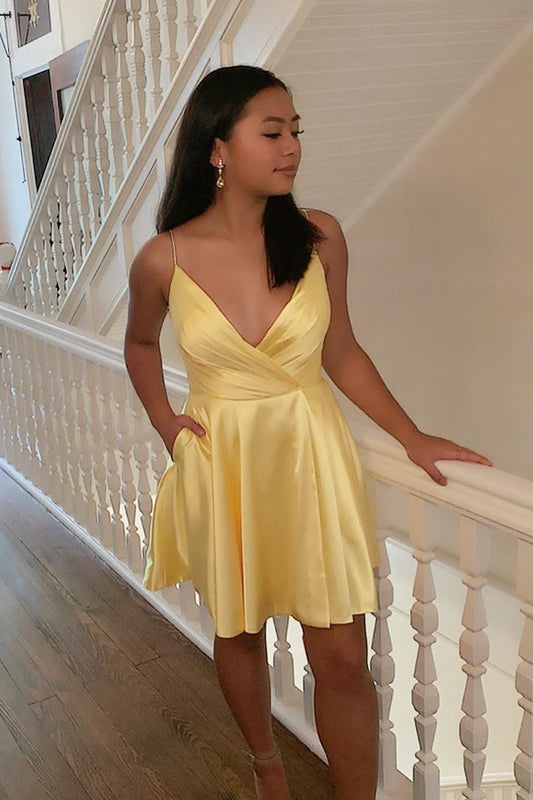 Simple Strapless Short Prom Dress Yellow Homecoming Dress with