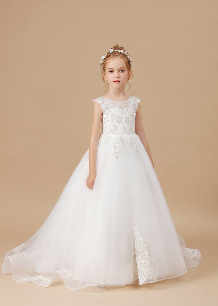Ivory Sleeveless Applique Sweep trailing Multi-Layer Tulle Flower Girl ...