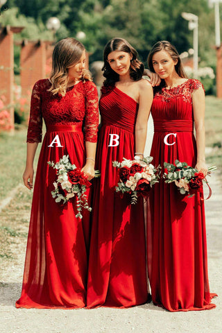 Simple Red V Neck Floor Length Prom Dresses with Split Side Bridesmaid ...