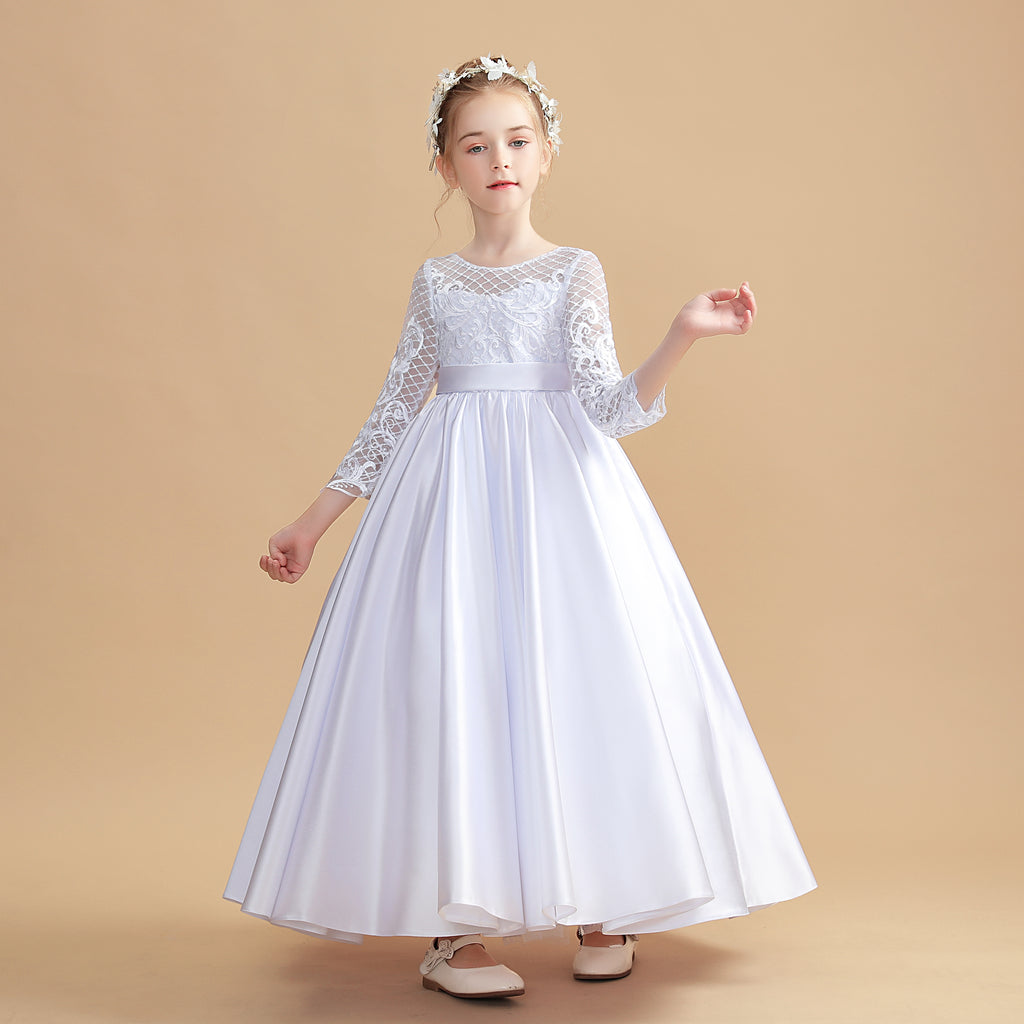 Round Neck White Satin Long Sleeves Flower Girl Dresses With Bowknot ...