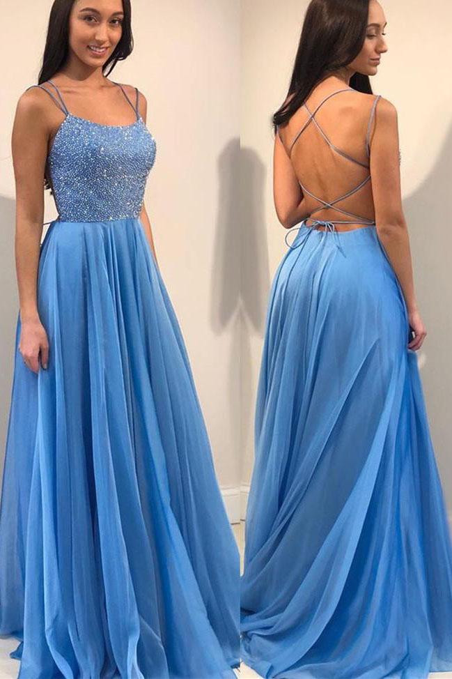 Blue Spaghetti Straps Backless Prom Dresses with Sequins – Ombreprom