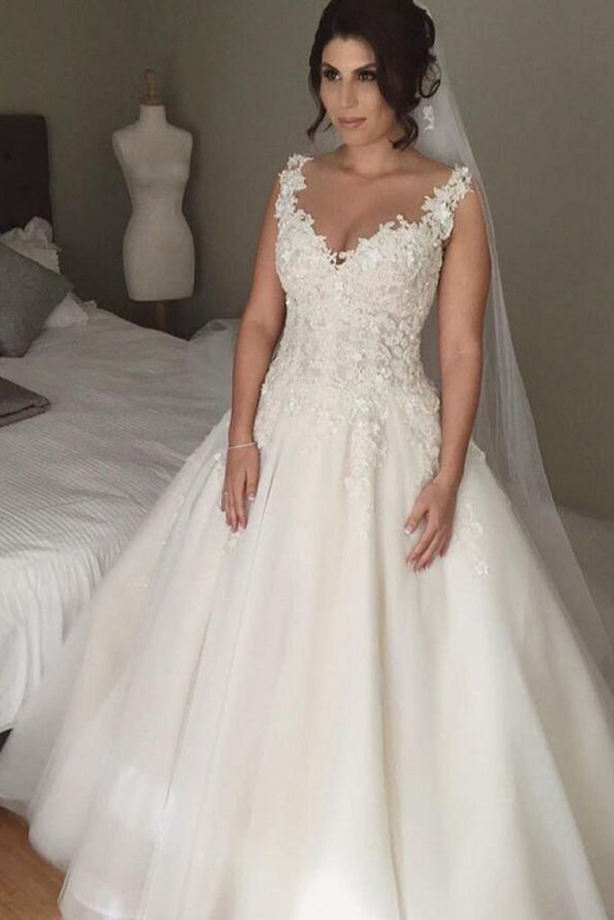 Impressive V Neck Lace Appliques Sleeveless Wedding Dress W792 Ombreprom 7170
