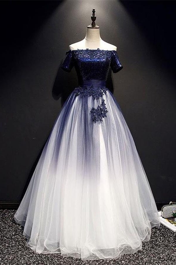 Modest Royal Blue Long Flowy Evening Prom Dresses With Lace Appliques ...