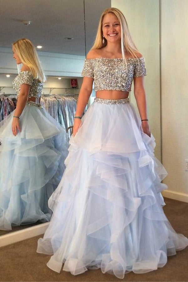 Two Pieces Beading Light Blue And Silver Princess Prom Dresses Cute Pa