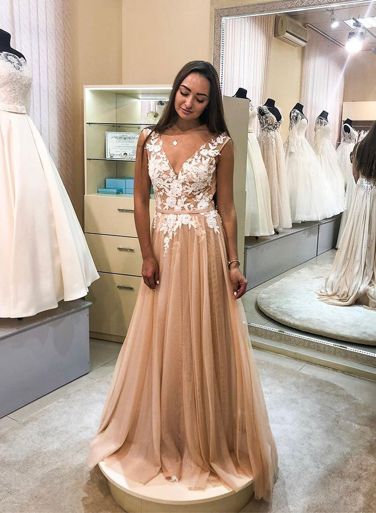 Elegant Vneck Long Lace Tulle Flowy Princess Prom Dresses For Teens