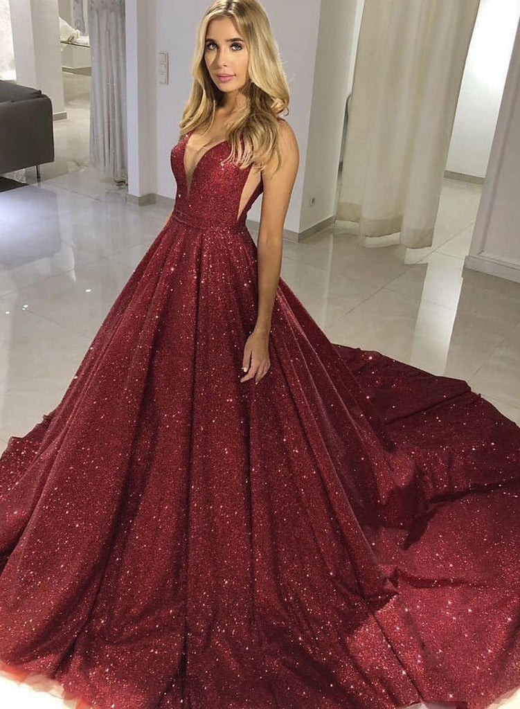 Sparkly Tight Long Ball Gown Sequin Shiny Burgundy Princess Prom Dress Ombreprom 7381