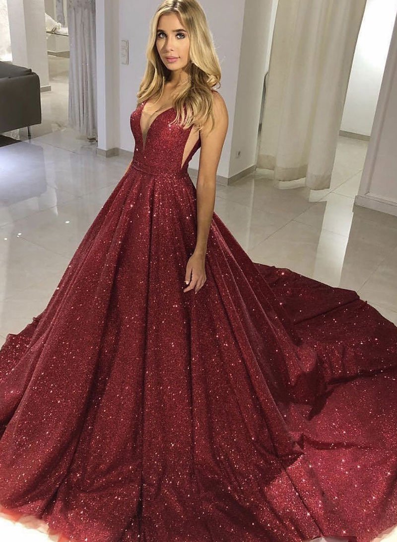 Sparkly Tight Long Ball Gown Sequin Shiny Burgundy Princess Prom Dress