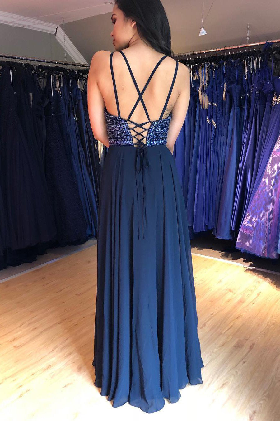 Navy Blue Prom Dresses V Neck Sleeveless Evening Dresses with Beading