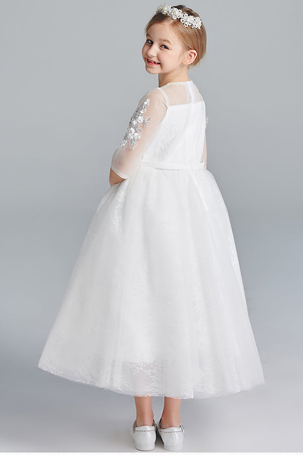 Cute Half Sleeves Round Neck Lace Tulle Appliques Flower Girl Dresses ...