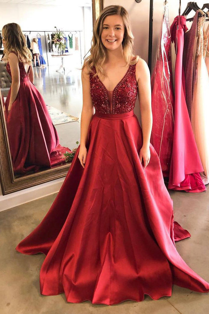 Red Prom Dress Satin Beaded Ball Gown with Pockets D240 – Ombreprom