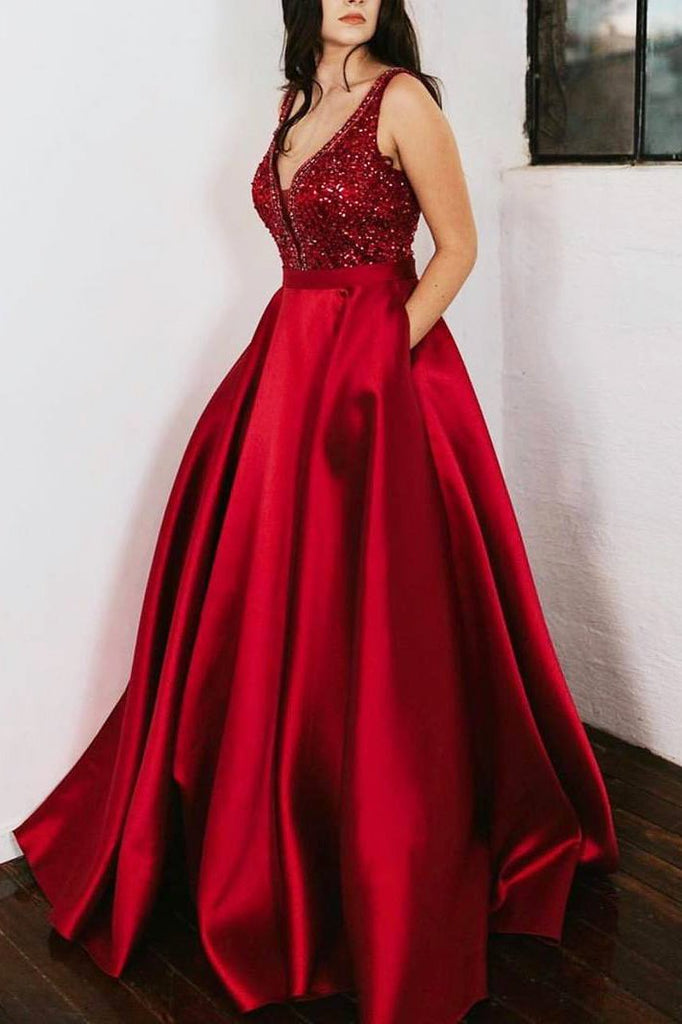 Red Prom Dress Satin Beaded Ball Gown with Pockets D240 Ombreprom