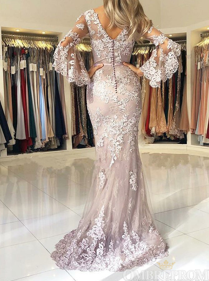 V Neck Long Sleeves Lace Mermaid Prom Dresses With Appliques Ombreprom 1508