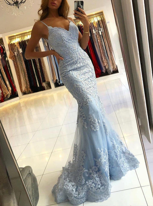 Baby Blue Tulle Lace Mermaid Spaghetti Straps Prom Dresses, Eveing Gown,  SP726