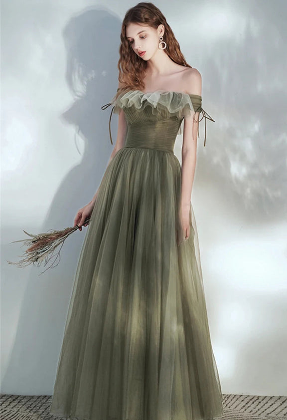 Off the Shoulder A Line Tulle Floor Length Green Elegant Fairy Dresses