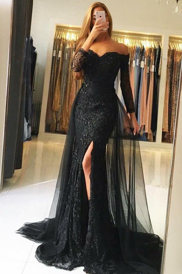 Black Tulle Off The Shoulder Long Sleeves Prom Dress Lace Sequins 4813