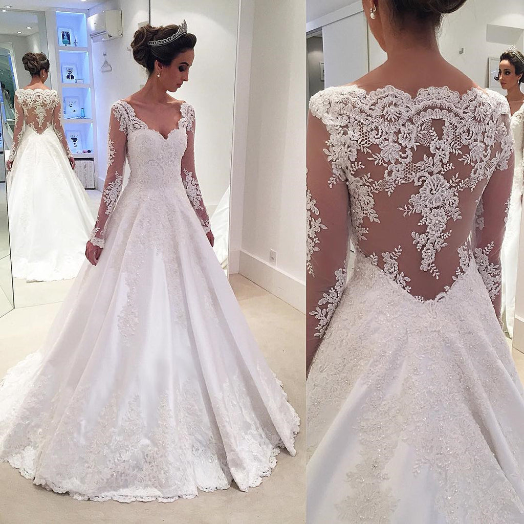 Unique Elegant V Neck White Satin Lace Modest Plus Size Wedding Dress