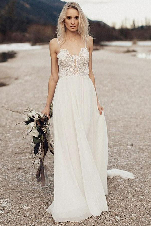 Lace Spaghetti Strap Chiffon Backless Beach Wedding Dresses W324 Ombreprom 4408