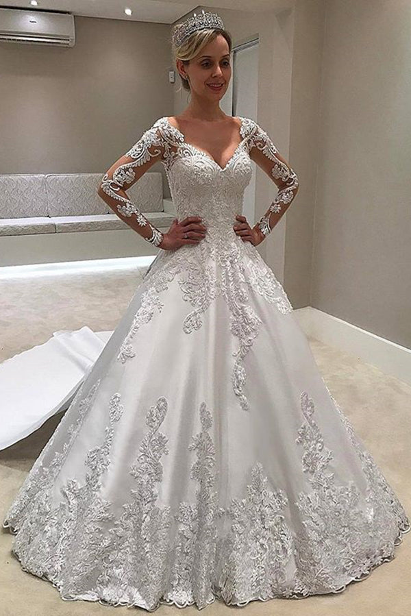 Elegant Long Sleeves Plus Size Ball Gown Satin Wedding Dress For Women ...