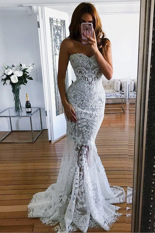 Elegant Sweetheart Lace Mermaid Sleeveless Beach Wedding Dress W551 ...