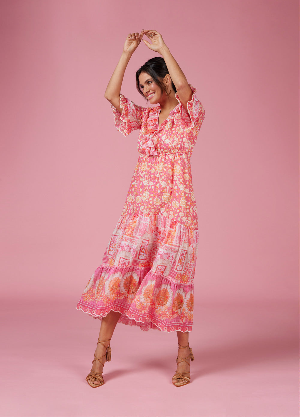 Chantilly Midi Dress in Hot Pink Multi