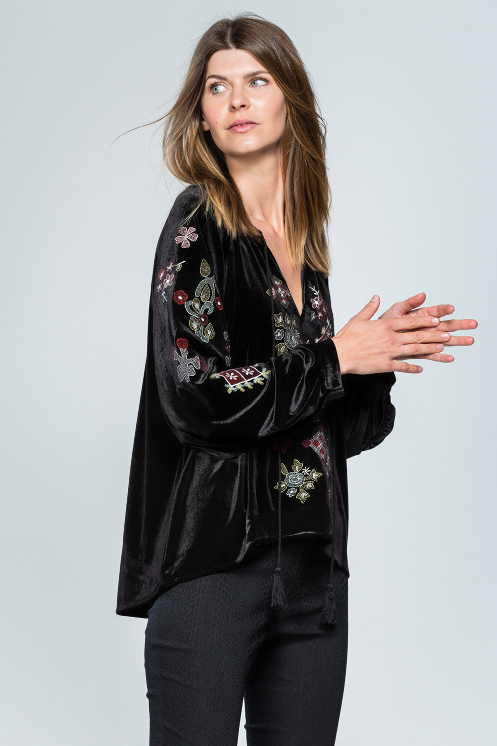 Embroidered Black Velvet Top