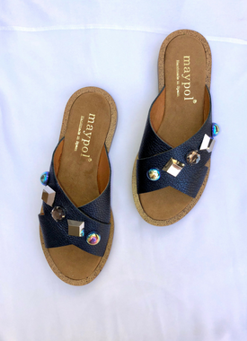 Metallic Navy Jewelled Slides