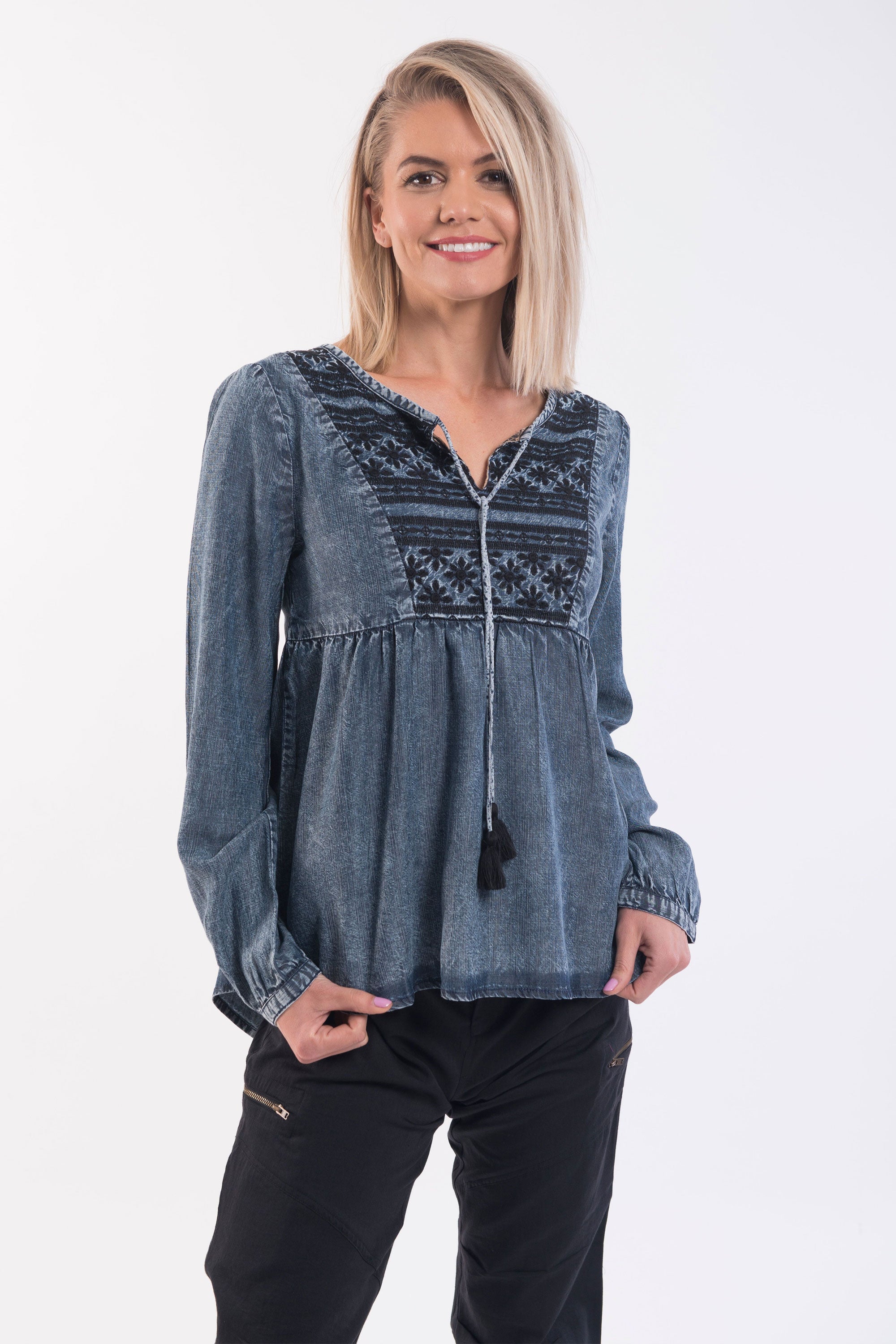 Boho Denim Embroidered Top