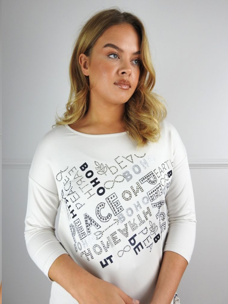 Beige Sweatshirt with Rhinestone Letter Design