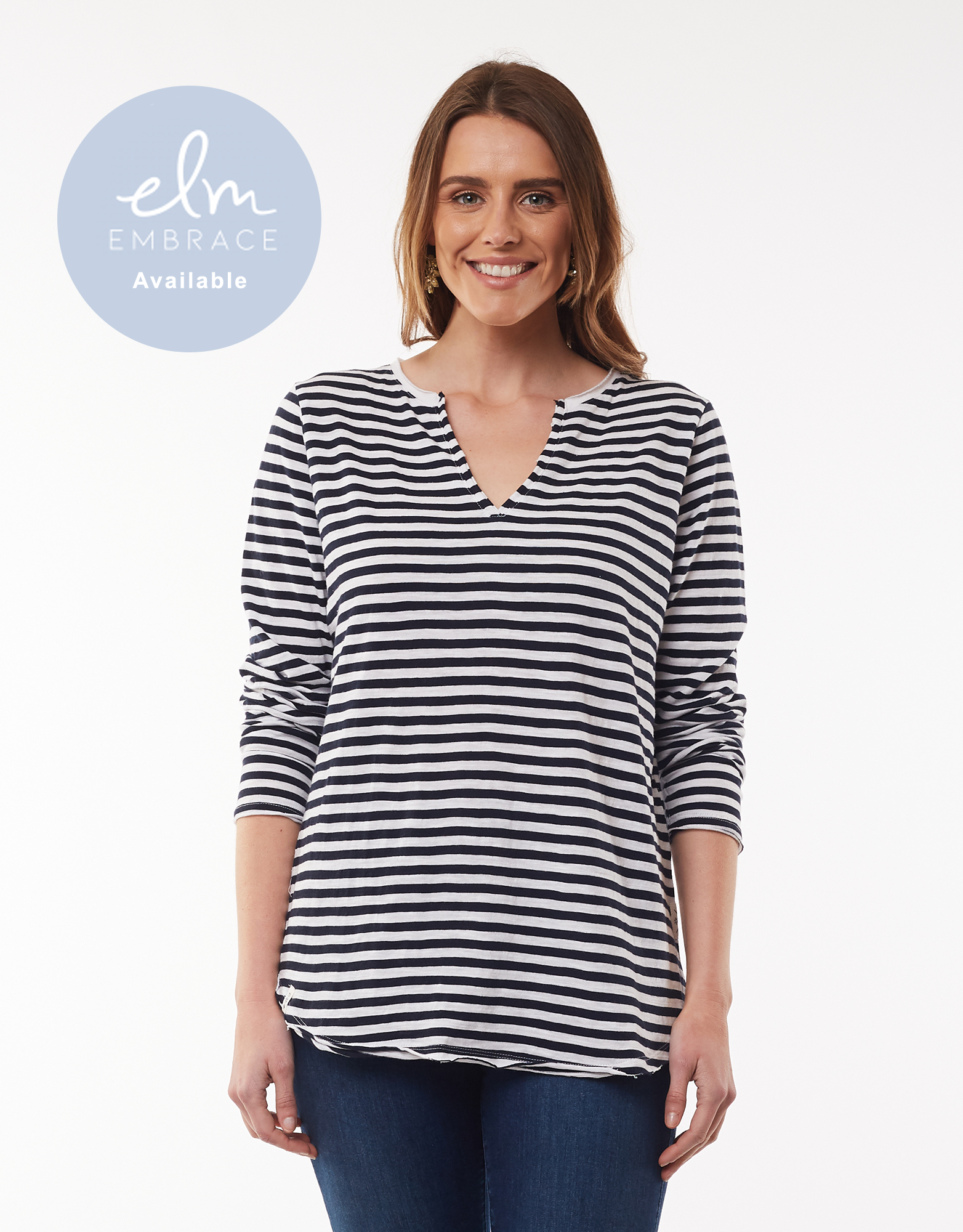 Cole Bay Long Sleeve Henley Top in White/Navy Stripe