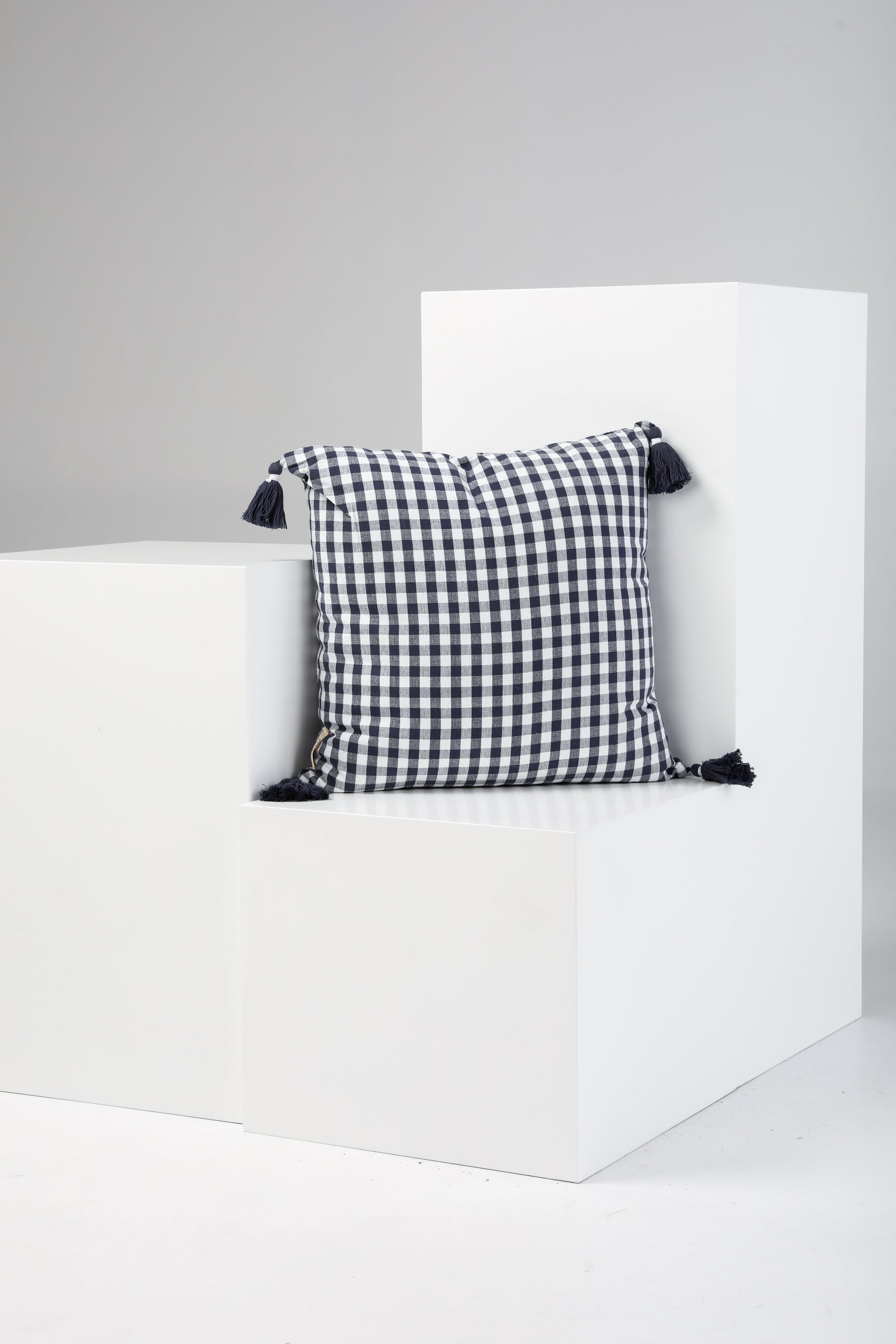 Gingham Tassel Cushion in Navy