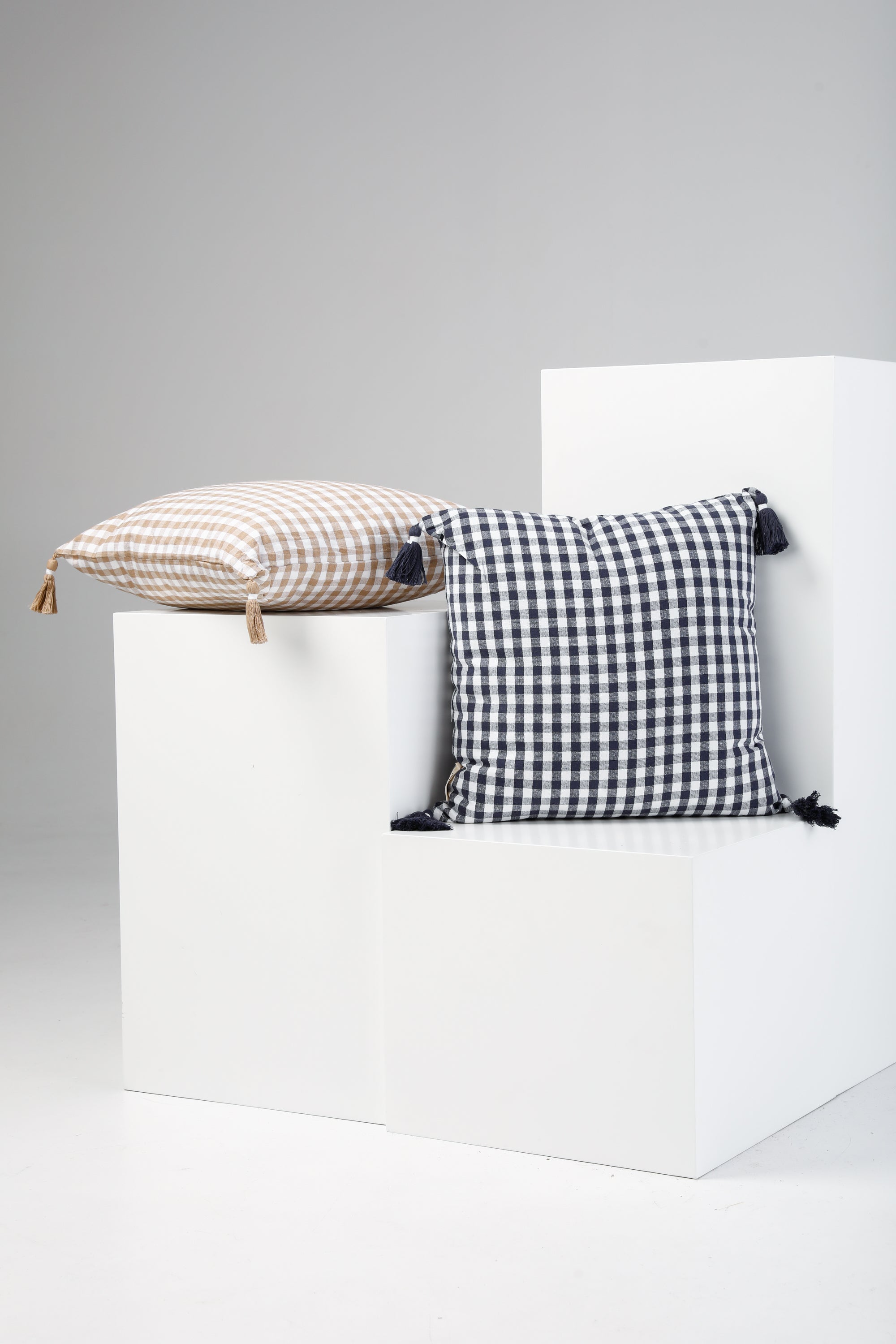 Gingham Tassel Cushion in Navy