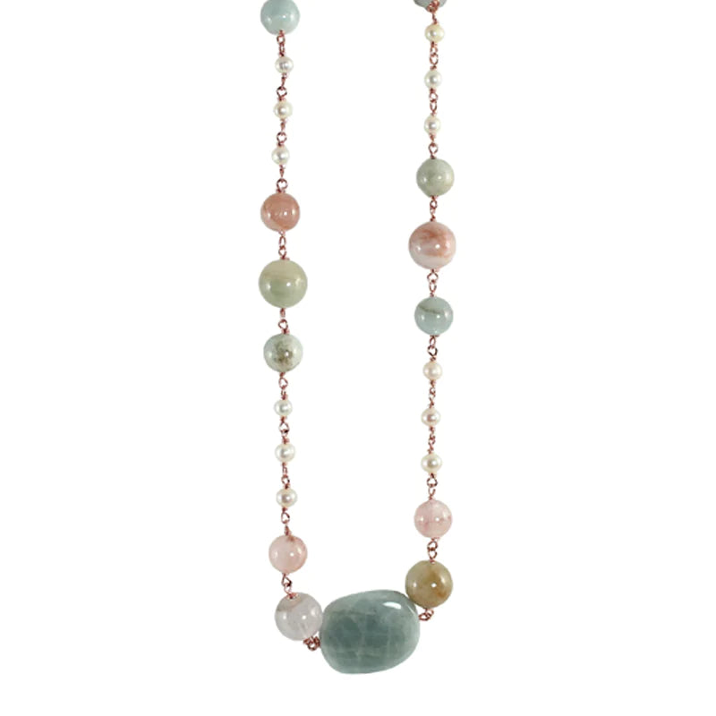 Morganite Cloudy Quartz & White Pearl Necklace - 58cm