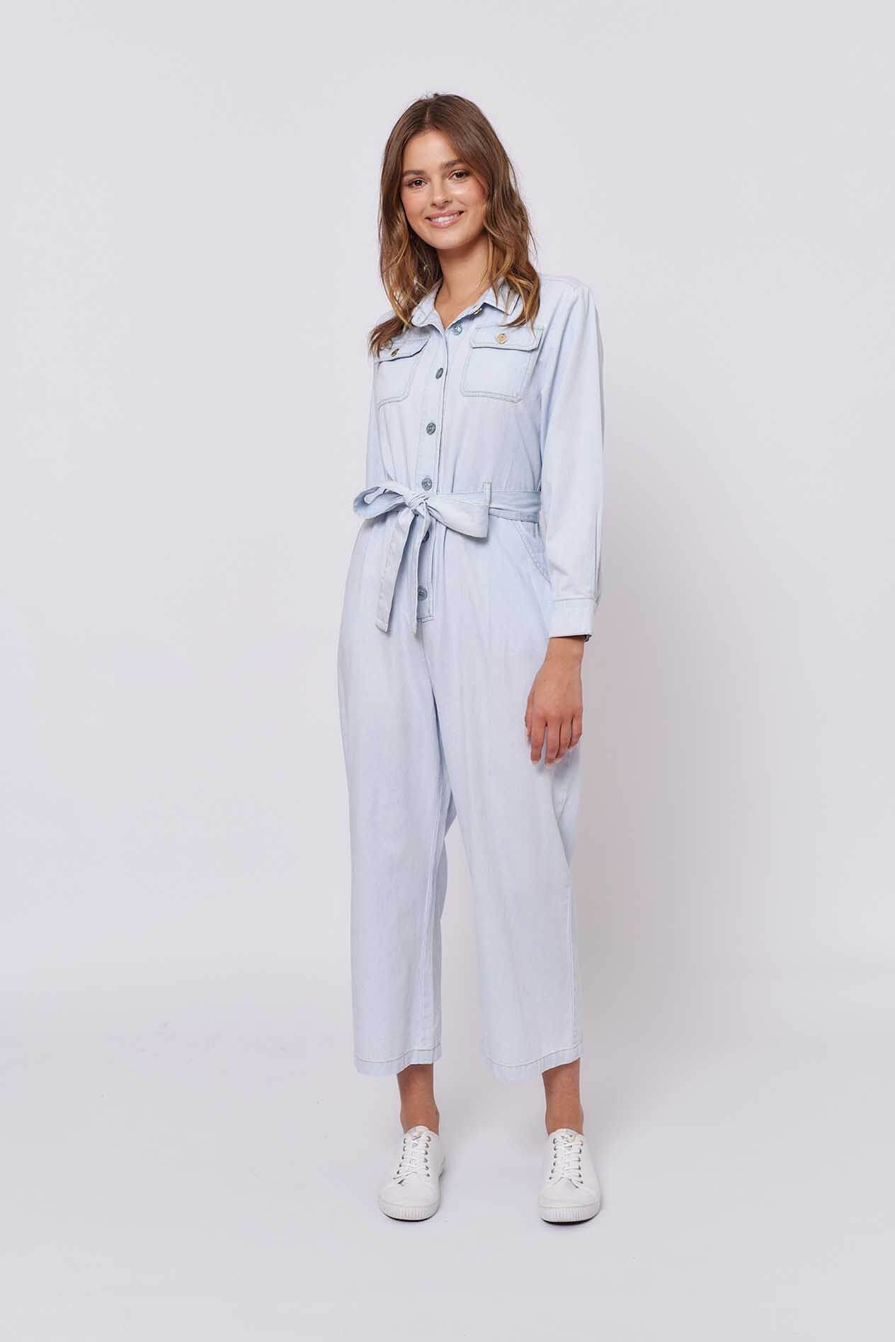 Aviator Jumpsuit in Pale Blue Denim