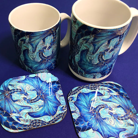 Blue dragon mugs and coasters