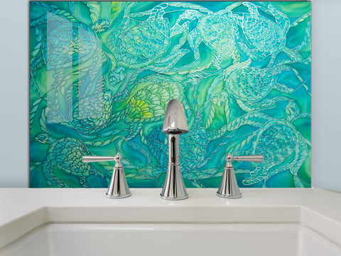 green turtle glass splash back bathroom