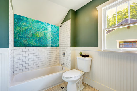 green turtle glass splash back in bathroom