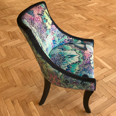 one off upholstered chair in designer fabrics featuring butterflies in contemporary colours