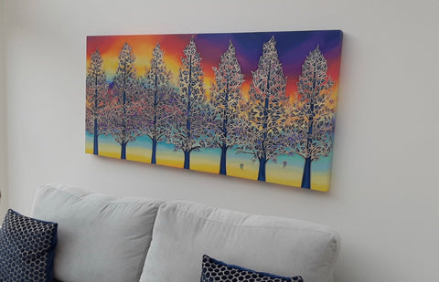 Hand painted silk Poplar Trees at Sunset commissioned piece by Meikie