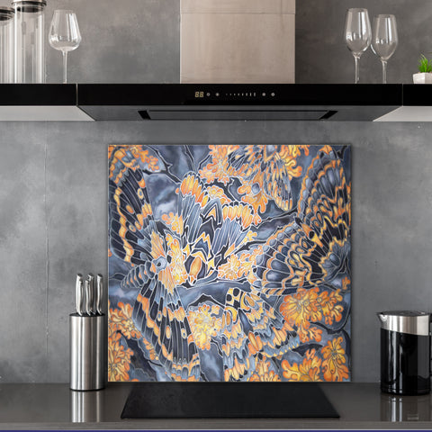 Blue Grey Orange Moth Cooker Hob Splashback