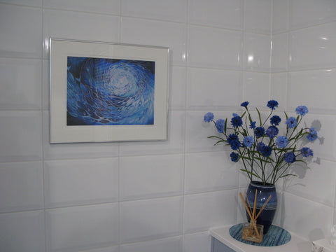 blue shoal print in bathroom setting