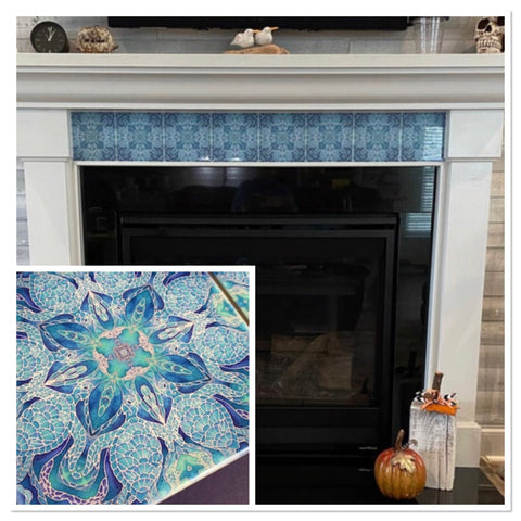 Tutrle Mandala hand printed tiles in a fireplace
