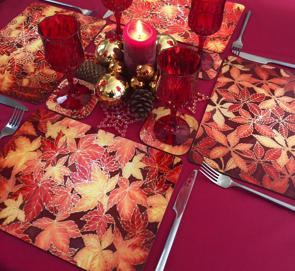 Oak Leaves Table Mats Red Yellow Placemats Coasters