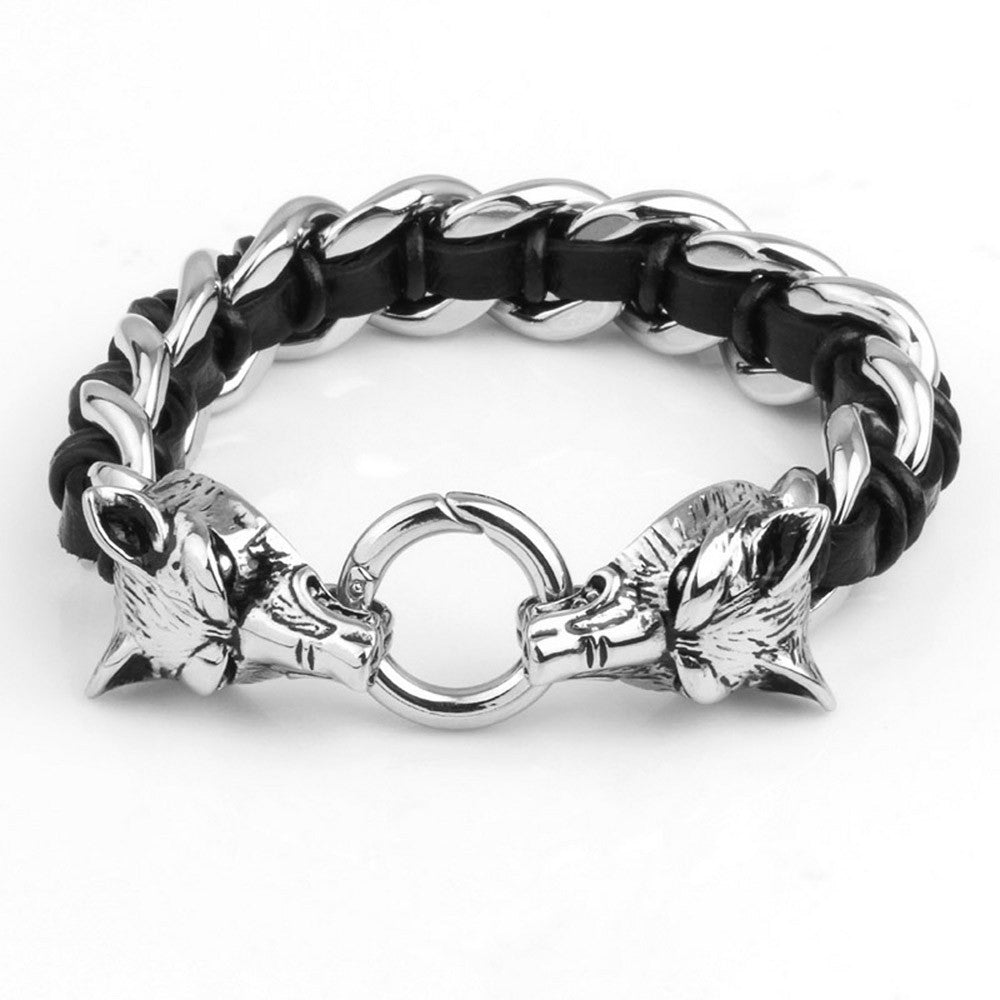 mens wolf head bracelet hand woven cow leather 31l titanium steel polished fashional ornaments punk 