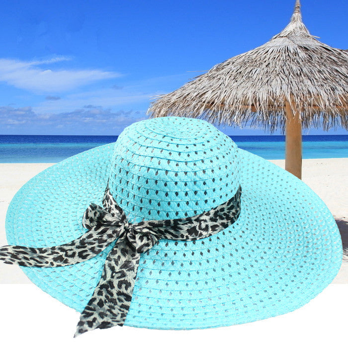 women sun hat straw hat wide large brim beach cap with leopard ribbon orange TIML66