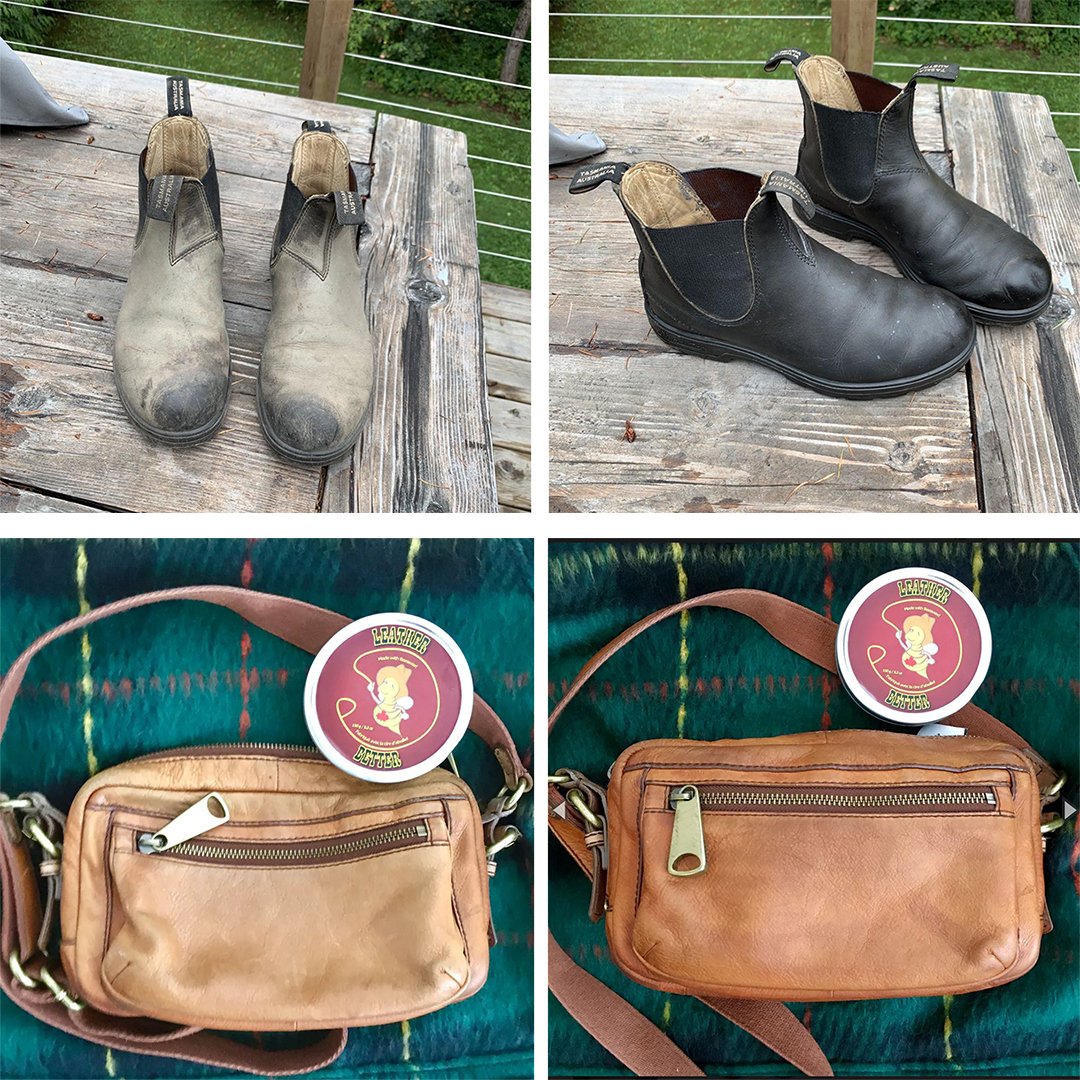 Leather Honey Conditioner evoluton of how it changes Horween leather..Before  and After pics