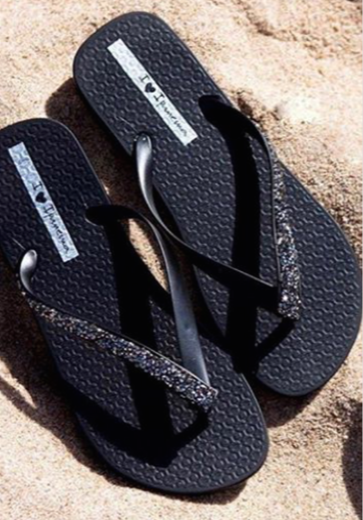 black rhinestone flip flops