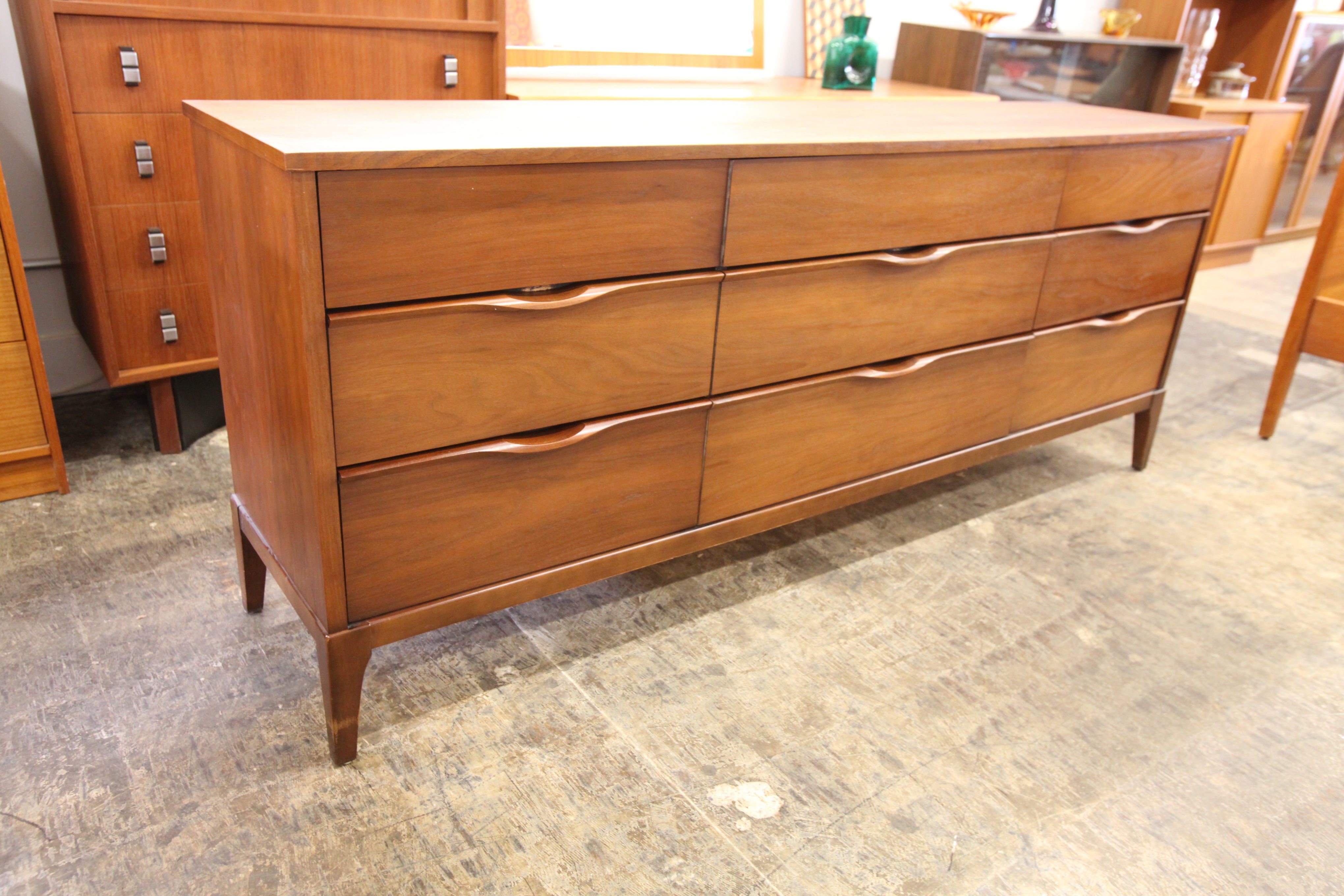 Vintage Walnut 9 Drawer Dresser (76"W x 17.25"D x 31"H) Consign